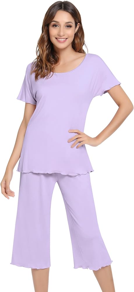 NACHILA Pajamas Set for Women-Viscose Made from Bamboo,Cool Pajama Sets Short Sleeve Sleepwear Top with Capri Pants Loose Pj