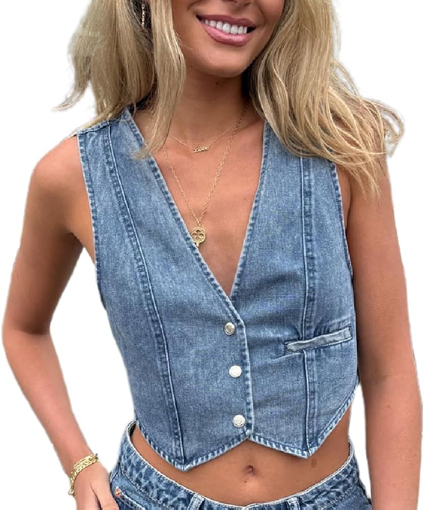 Women Y2k Denim Vest Sleeveless V Neck Button Down Jean Waistcoat Going Out Jean Vests Crop Top