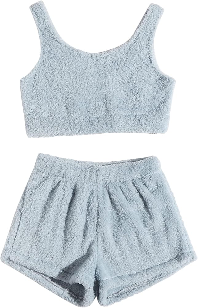 SweatyRocks Women's Fuzzy Pajamas Set Crop Tank Top With Shorts Loungewear