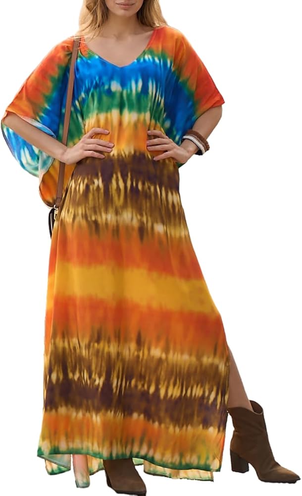 Eddoyee Kaftan Dresses for Women Short sleeve Ethnic Print Caftan Dresses V-neck Bathing Suit Cover-Ups