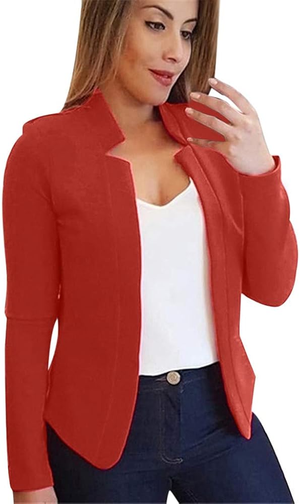 Women Casual Solid Long Sleeve Open Front Notched Collar Suit Cardigan Office Ladies Warm Long down Coats for