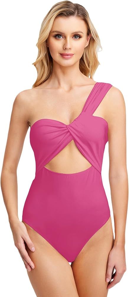 WDIRARA Women's One Shoulder Cut Out Twist Front Sleeveless Sexy Cami Bodysuit Top Hot Pink S