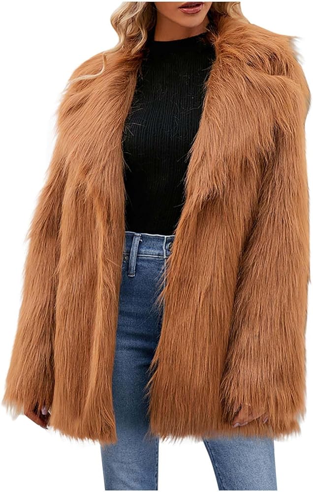 PVCS Faux Fur Jacket Women Long Winter Fashion Fuzzy Jackets Fluffy Cardigan Overcoat Long Sleeve Open Front Teddy Jackets