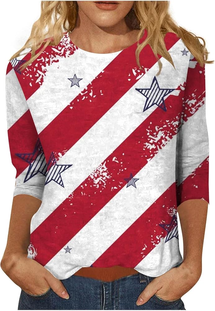 Womens 4Th of July Tshirt 3/4 Sleeve Tunic Tops America Tshirt Loose Crewneck Red White and Blue T-Shirt USA Blouse