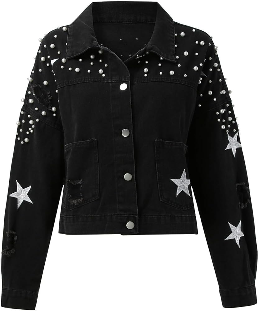 Womens Casual Jacket Loose Pocket Button Pearl Denim Jacket Womens Vest Suit (Black-b, M)