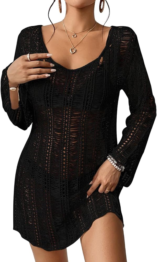 Eddoyee Corchet Swimsuit Coverup for Women Long Sleeve Hollow Out Bathing Suit Cover Up Mesh Summer Dress