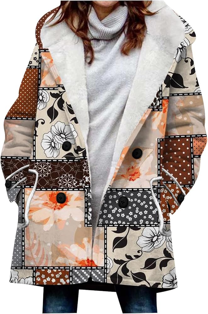 Women's Trench Coats Large Jacket With Warm And Plush Gradient Printed Hooded Button Jacket Pockets Coat, S-3XL