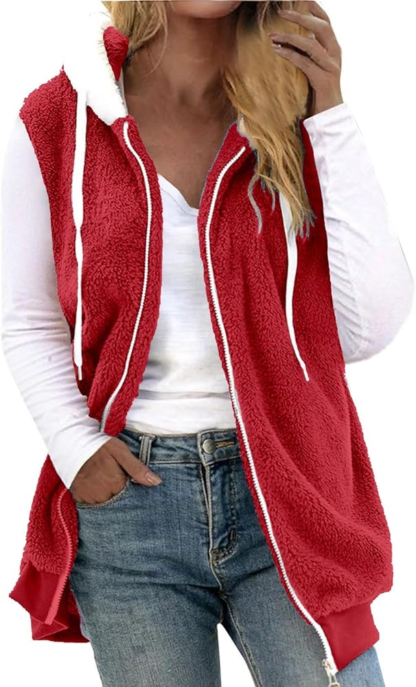 Fleece Vest for Women Casual Zipper Pocket Sleeveless Outdoor Plush Coat Hooded Fuzzy Soft Warm Winter Sherpa Jackets