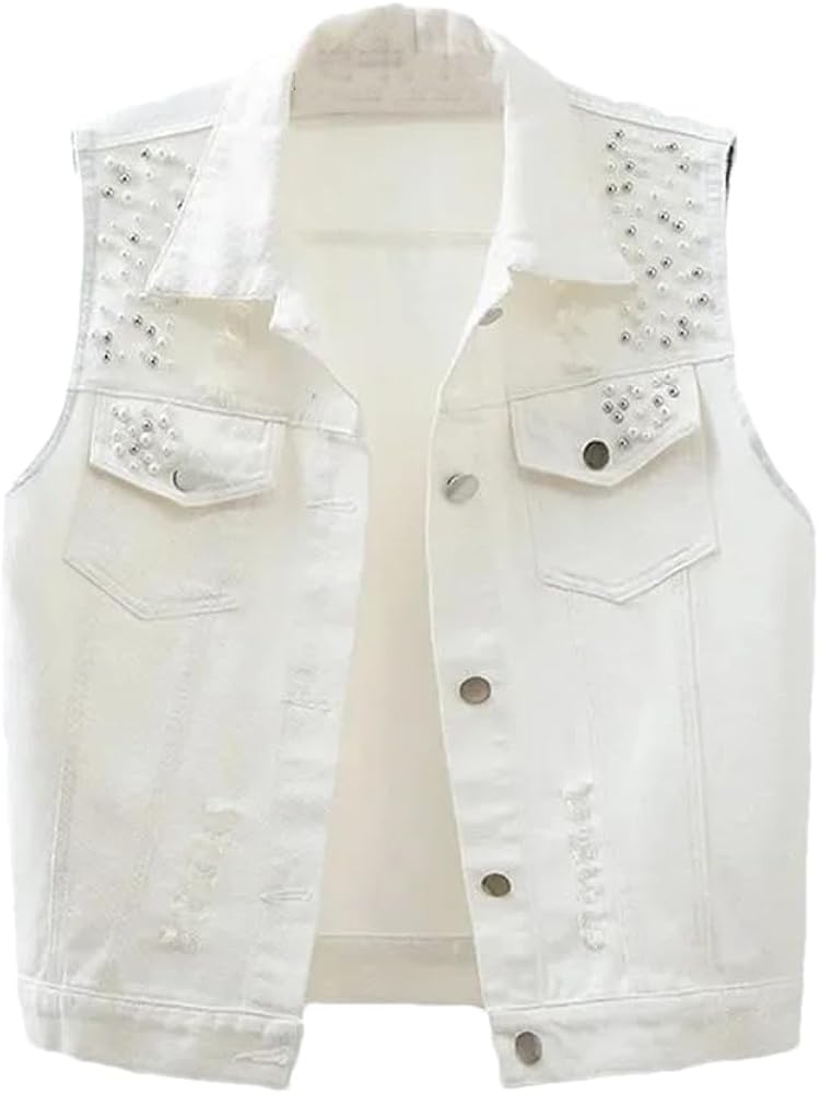 Women's Denim Vest Autumn Solid Hole Studded Sleeveless Jacket Short Jeans Coat Street Denim Outwear