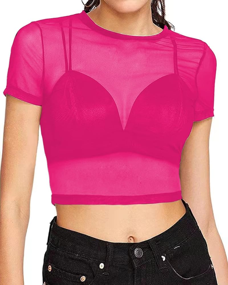 Women's Sexy Slim Mesh Sheer See Through Clubwear Stretchy Shirt Blouse Tops Crop Tops