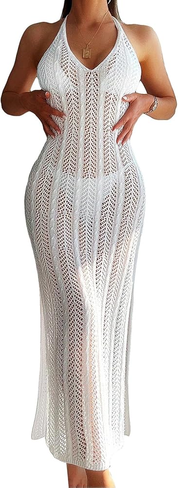 GORGLITTER Women's Crochet Tie Back Beach Cover Up Dress Backless Hollow Out Bathing Suit Coverups Swimwear