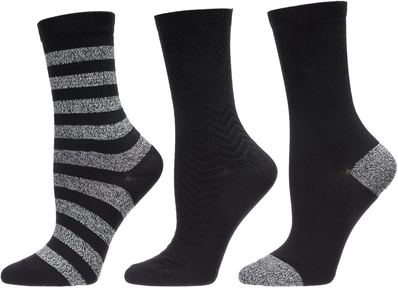 MeMoi Women's 3 Pair Pack Marled Stripe Buttersoft Crew Socks Black Marled 9-11