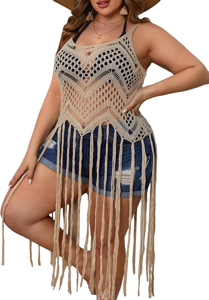 GORGLITTER Women's Plus Size Boho Crochet Cover Ups Dress Fringe Hem Sleeveless See Through Cover Up Beachwear