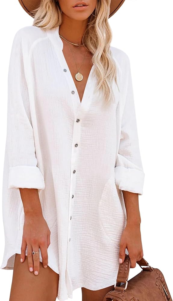 Breezy Lane Button Shirt Dress for Women Cotton Loose Fit Cover ups for Summer Fall Beach Dresses