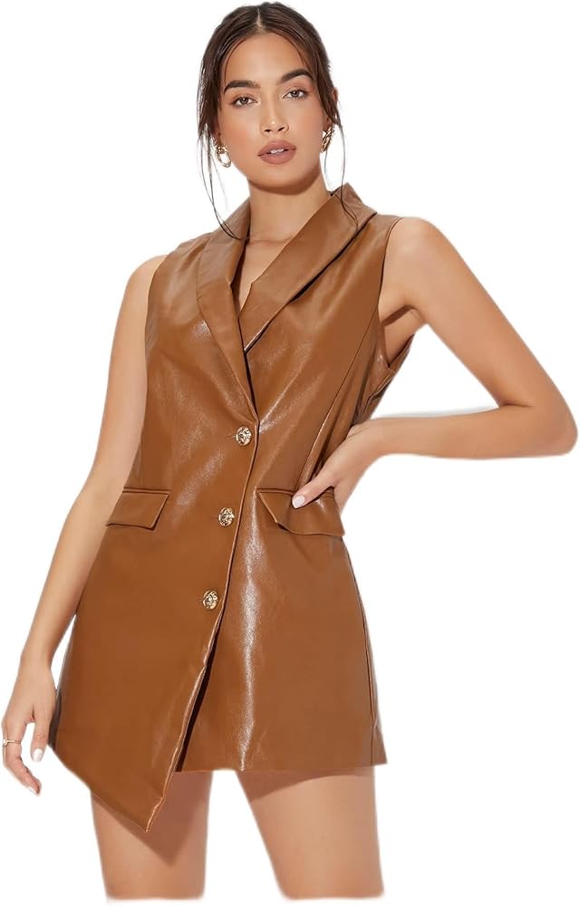 Women's Fashion Jacket Shawl Collar Asymmetrical Hem Leather Vest Coat Jacket Fashion