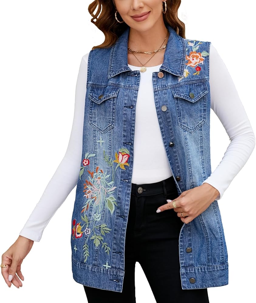 Women's Embroidery Denim Vest Mid Long Jean Vest Sleeveless Jackets Button Down Denim Jean Vest Waistcoat Jacket