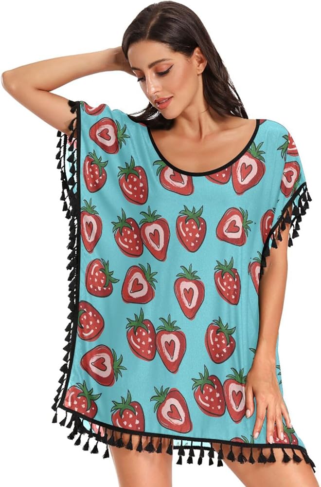 Red Strawberry Hearts Swimsuit Coverup for Women Plus Size Swimwear Cover Ups for Cupshe Coverups for Women,S