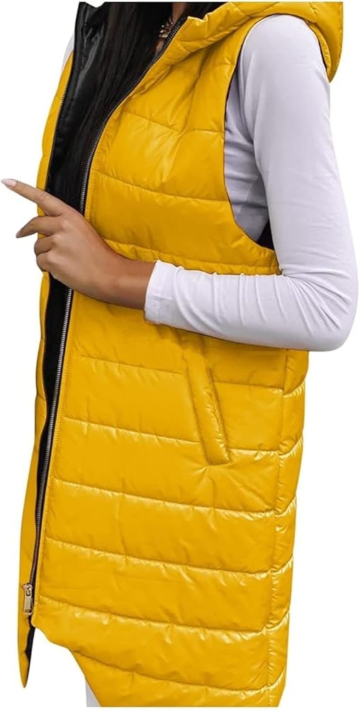 Womens Long Gilets Jacket Hooded Quilted Vest Waistcoat Body Warmer Casual Zip Up Sleeveless Down Coat Puffer Vest For Women