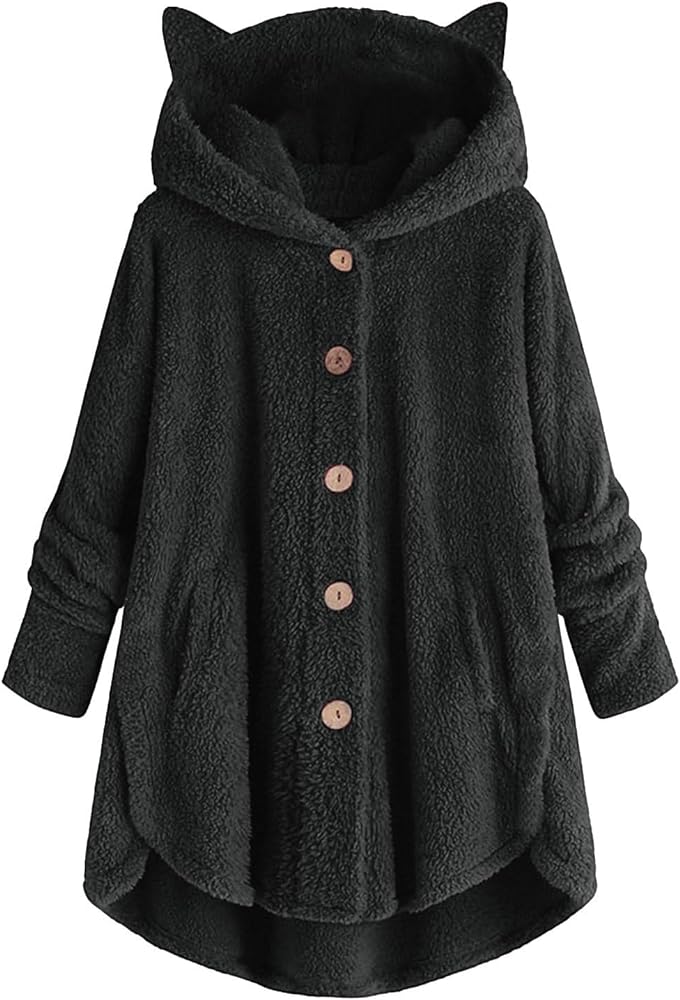 2024 Women's Plus Size Winter Coats Warm Fleece Jakcets Cute Casual Plush Fuzzy Button Hoodie Sweatshirt Loose Soft Outwear