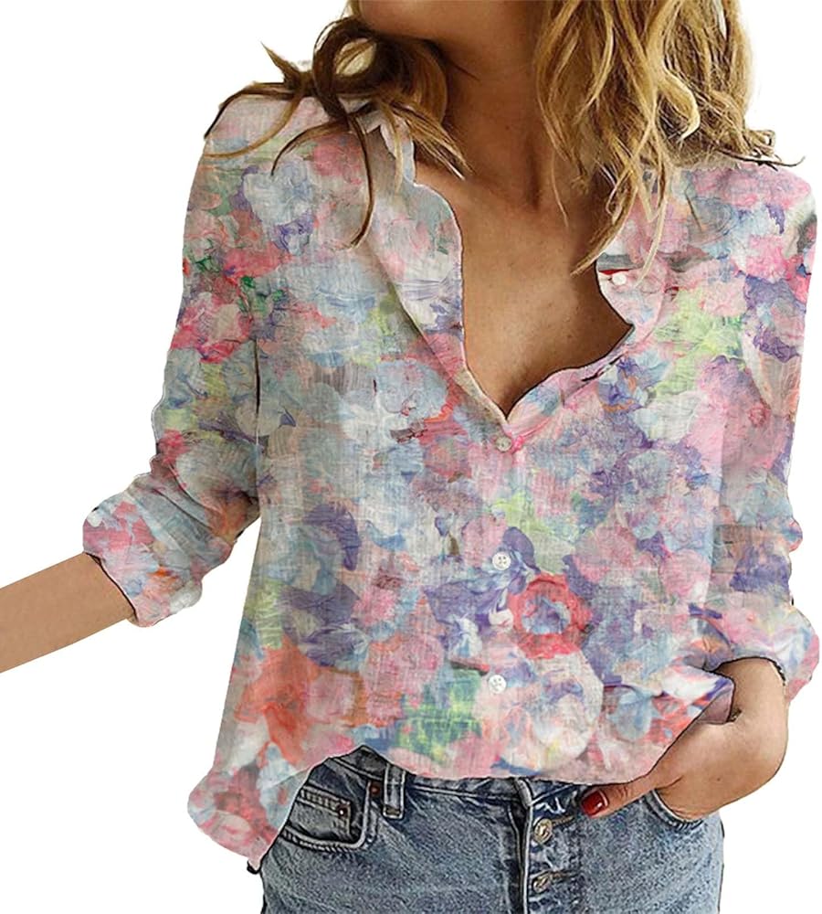 Linen Tops for Women Down Long Sleeve Shirt for Women Casual Floral V Neck Graphic Blouses Tops Shirts for Women