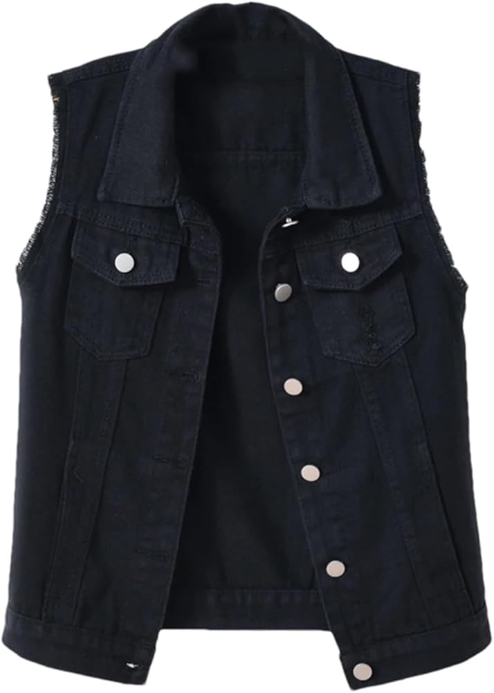 Women Denim Vest Oversize Single Breasted Jean Waistcoat Sleeveless Ripped Denim Jackets