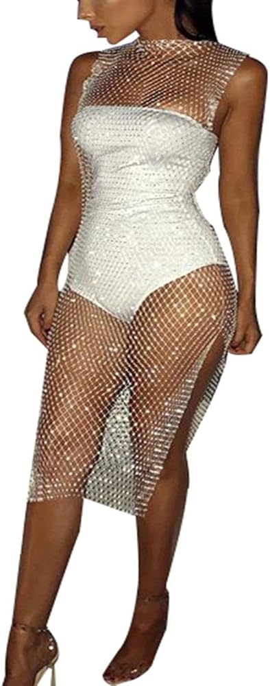 Women's See Through Mesh Split Swimsuit Sleeveless Hollow Out Cover Up Rhinestone Sheer O Neck Party Swimwear Midi Dress