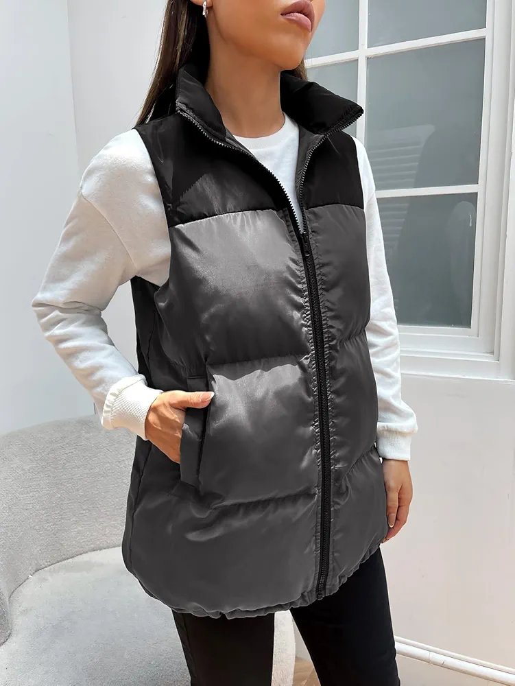 Women's Coat Jacket Warm Comfortable Two Tone Zipper Vest Puffer Coat Fashion Charming Unique Lovely (Color : Black, Size : Small)