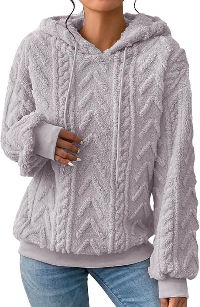 Womens 2023 Winter Fuzzy Fleece Jacket Solid Hooded Thickened Jacquard Long Sleeve Solid Oversized Fuzzy Fleece Fall