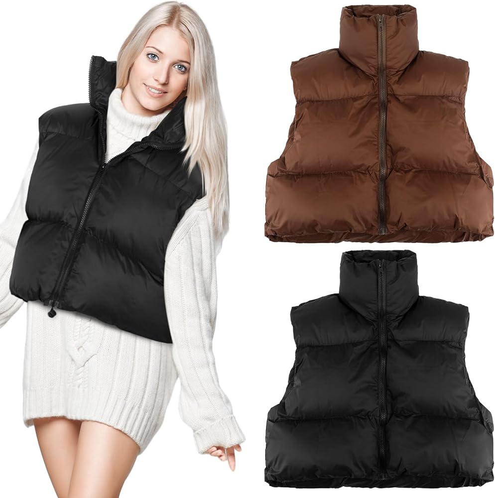 Lewtemi 2 Pcs Women's Cropped Puffer Vest Lightweight Padded Vest Winter Zip up Stand Collar Sleeveless Jacket Gilet