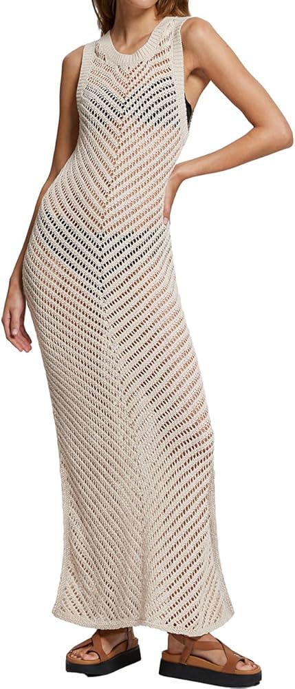 Bsubseach Women Crochet Swimsuit Cover Up Sleeveless Hollow Out Long Swim Coverup Beach Dress