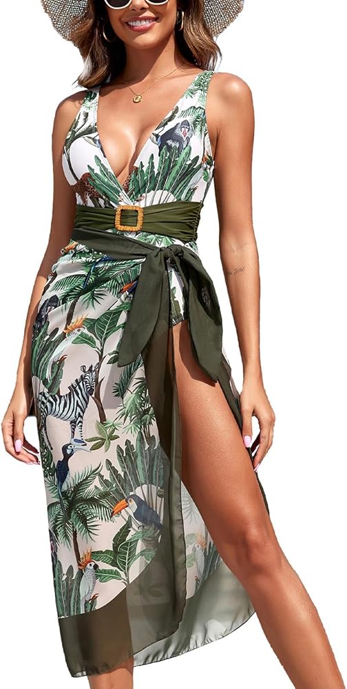 Women One Piece Swimsuit with Matching Cover Ups Floral Sexy Bikini Sets High Cut Push Up Two Pieces Bathing Suit