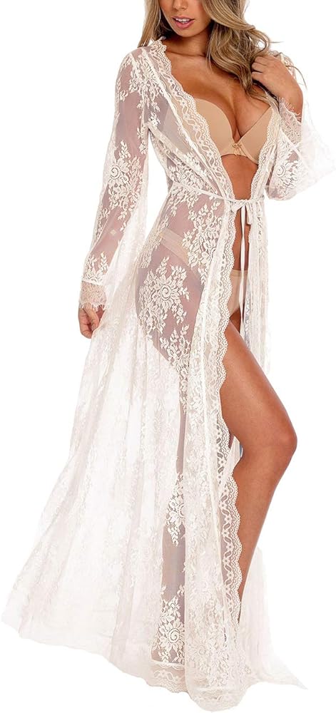 Bsubseach White Lace Long Sleeve Beach Kimono Cover Up for Women Bikini Swimsuit Cover Ups Swimwear Cardigan