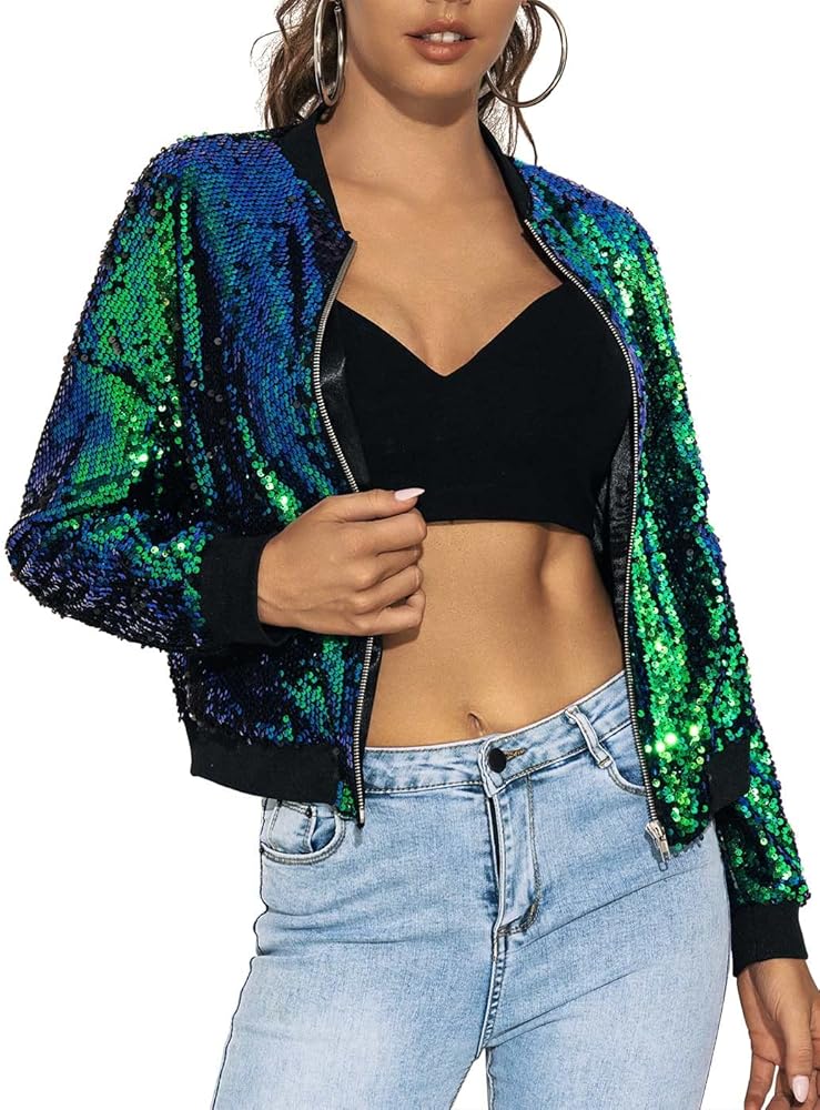 JAKAWIN Women’s New Years Eve Sequin Bomber Jacket Coat Long Sleeve Disco Concert Rave Festival Christmas Jackets