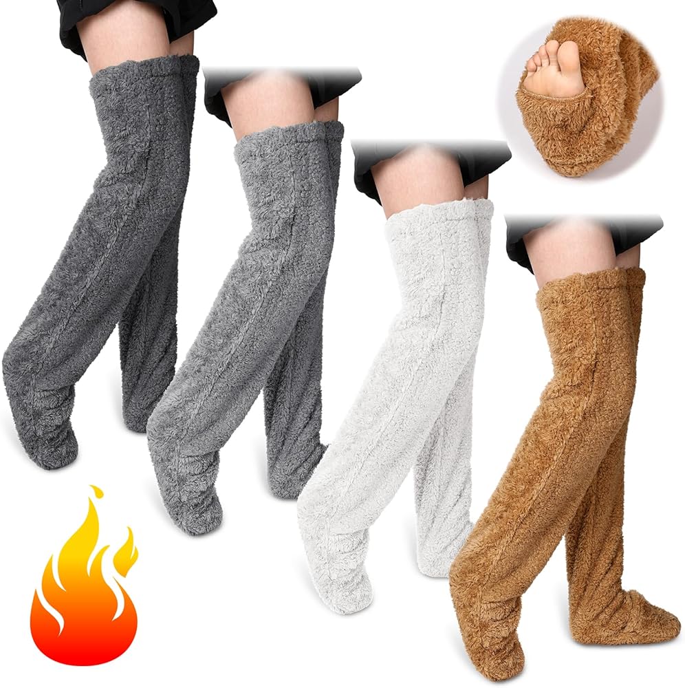 4 Pairs Cozy Over Knee High Fuzzy Socks Furry Leg Warmers Fuzzy High Socks Winter Plush Slipper Stockings for Women