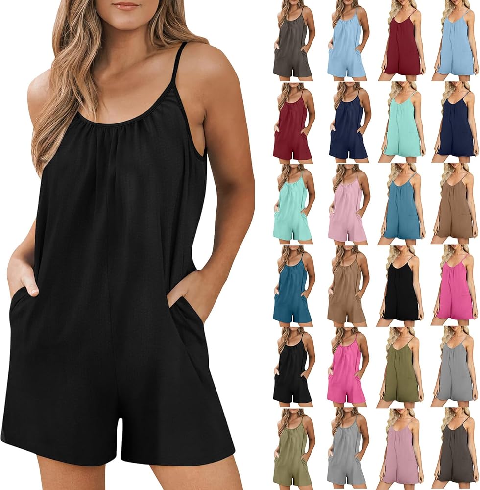 2024 Summer Jumpsuits Womens Casual Sleeveless Rompers Spaghetti Strap Short Stretchy Overalls Outfits with Pockets