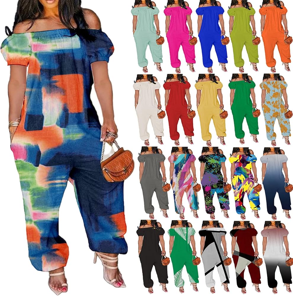 Plus Size Jumpsuits for Women Dressy Summer Casual Off The Shoulder Romper Puff Sleeve Formal Jumpsuits with Pockets