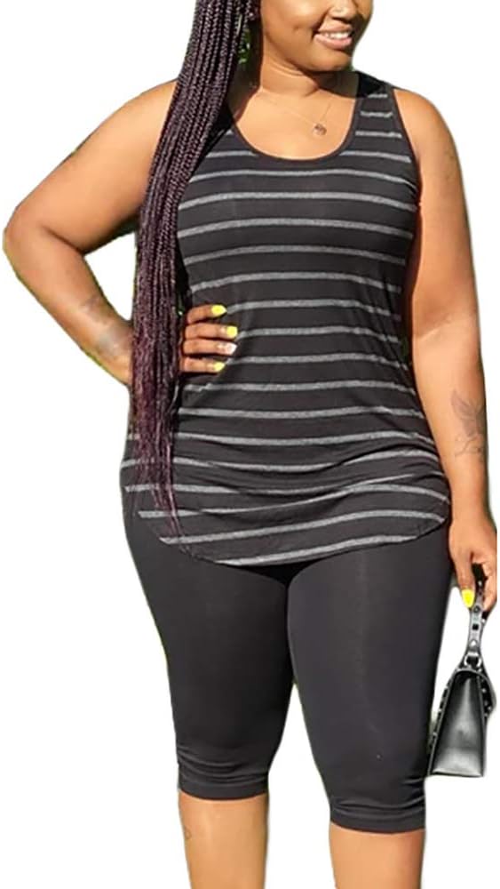 Women's Plus Size Stripe Sets - Tank T-Shirt Tops + Elastic Shorts 2 Piece Casual Sportswear