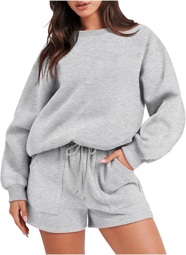 My Orders Lounge Wear Sets Women Sweatshirt Sets for Women 2 Piece Shorts Oversized Tacksuit Set Sport Shorts with Pockets 2023 Fashion Trends Women Outfits Gray Small