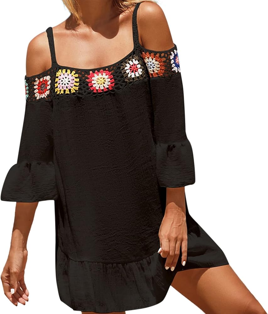 Bourund Flower Crochet Bikini Cover Ups for Women Off Shoulder Mini Dresses Solid Ruffle Half Sleeve Beach Cover