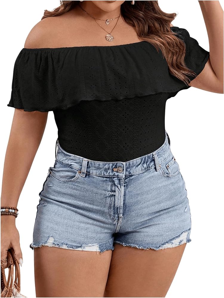 SOLY HUX Women's Plus Size Off Shoulder Short Sleeve Bodysuit Ruffle Trim Summer Elegant Tee Shirt Tops Solid Black 0XL