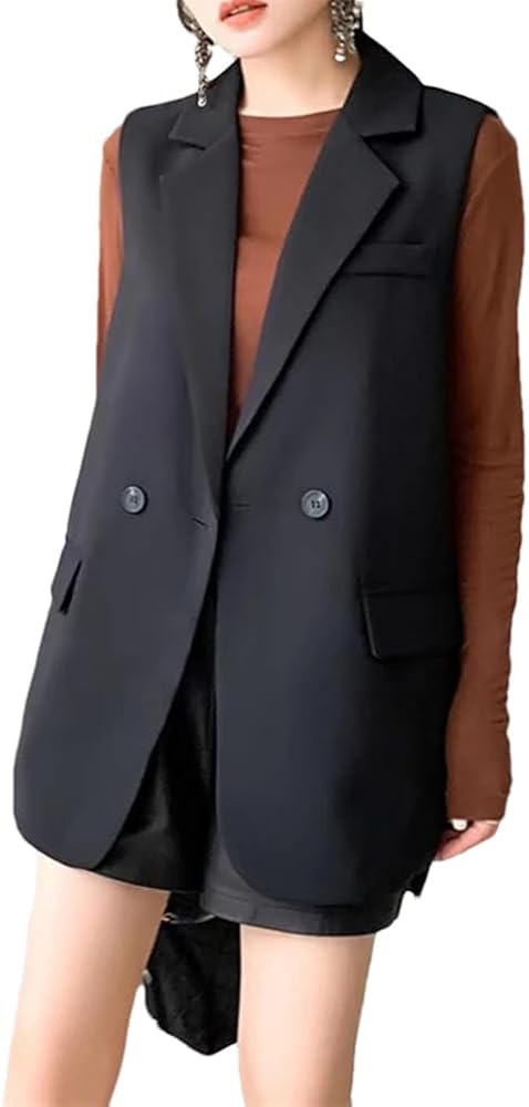 Women's Blazer Vest Office Loose Back Slit Button Vest Casual Suit Sleeveless Jacket Coat