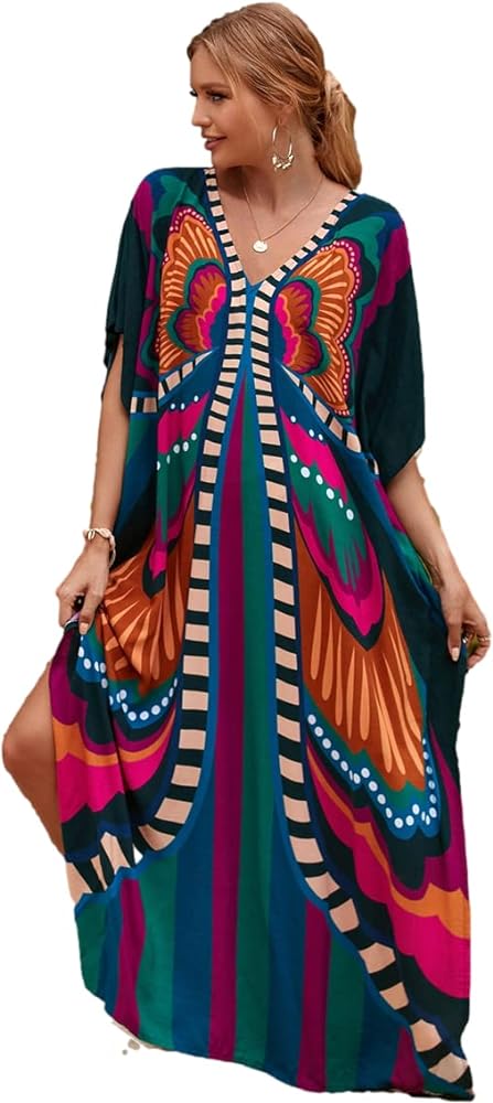 butterfly print Kaftan Dresses for Women Side Split Beach Bikini Swimsuit Caftan Dress Batwing Sleeve Cover Up