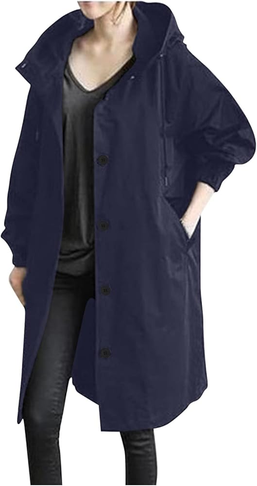 Trench Coats Women Plus Size Rain Jacket Long Anorak Jackets Oversized Hooded Waterproof Windbreaker Button Outerwear