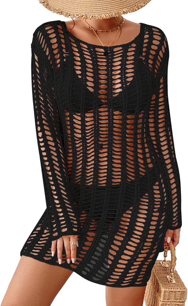 Eddoyee Crochet Cover Ups for Swimwear Women Long Sleeve Hollow Out Swimsuit Coverup Sexy Beach Bikini Dress