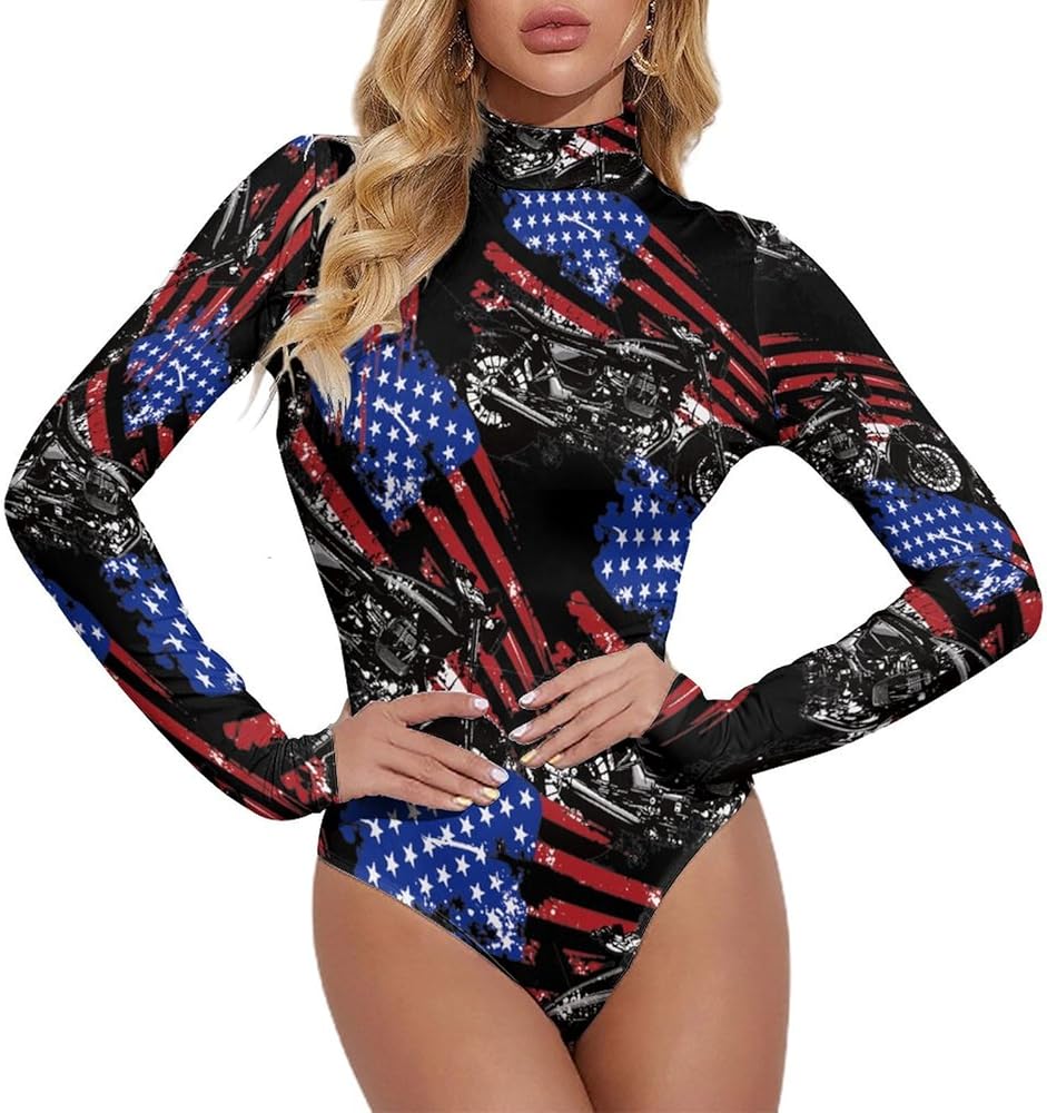 American Flag Motrocross Women's Turtle Neck Bodysuit Long Sleeve Jumpsuit Tops Casual Stretchy T Shirt