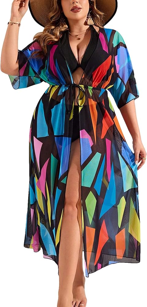 MakeMeChic Women's Geo Print Tie Front Sheer Beach Kimono Half Sleeve Loose Fit Bikini Cover Up Dress