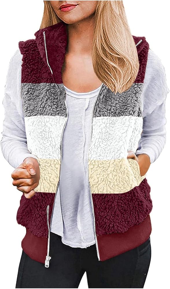 Women's Outerwear Vests Lightweight Sherpa Fuzzy Fleece Jackets Cozy Sleeveless Zipper Cardigans Waistcoat Pockets