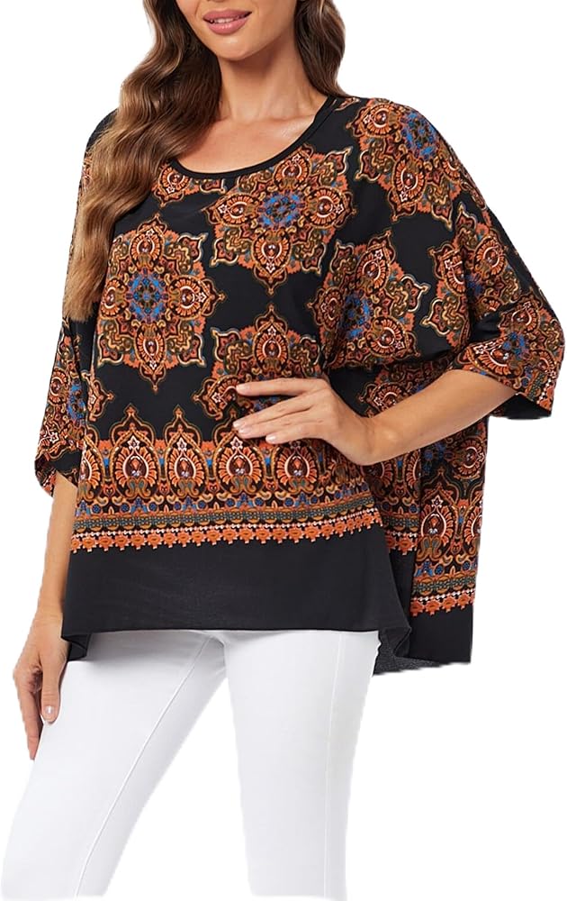 Nicetage Bohemian Floral Chiffon Blouse Casual Batwing Blouse Hippie Semi Sheer Loose Tops