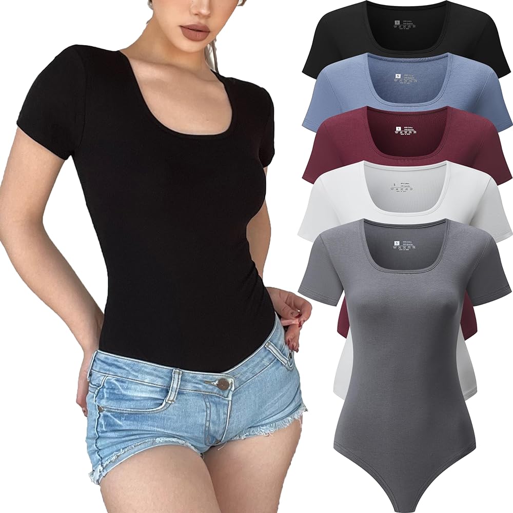 5 Pack Short Sleeve Bodysuits for Women Square Neck Casual Stretchy Basic Body Suits Tops T Shirts