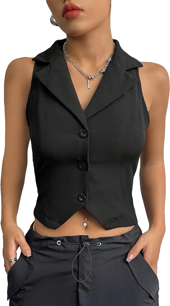 SweatyRocks Women's Solid Lapel Neck Button Front Crop Vest Jacket Waistcoat Sleeveless Blazer